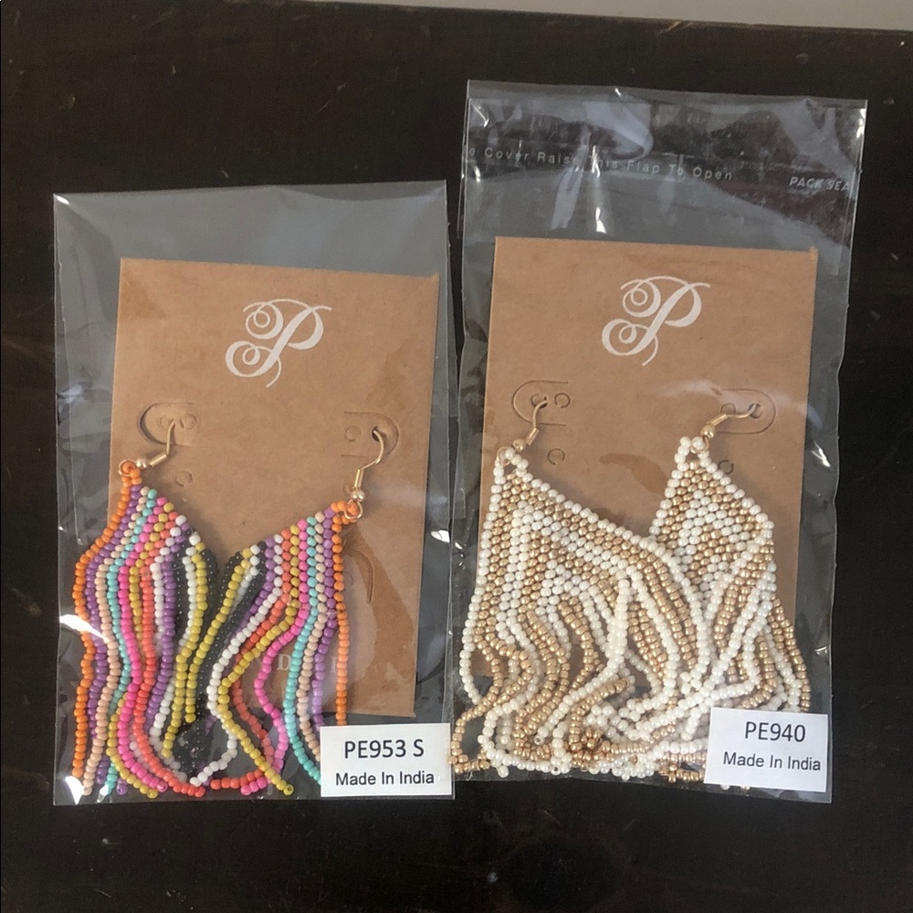 Plunder Boho Beaded Fringe Earrings - Multicolor & Cream (Set)